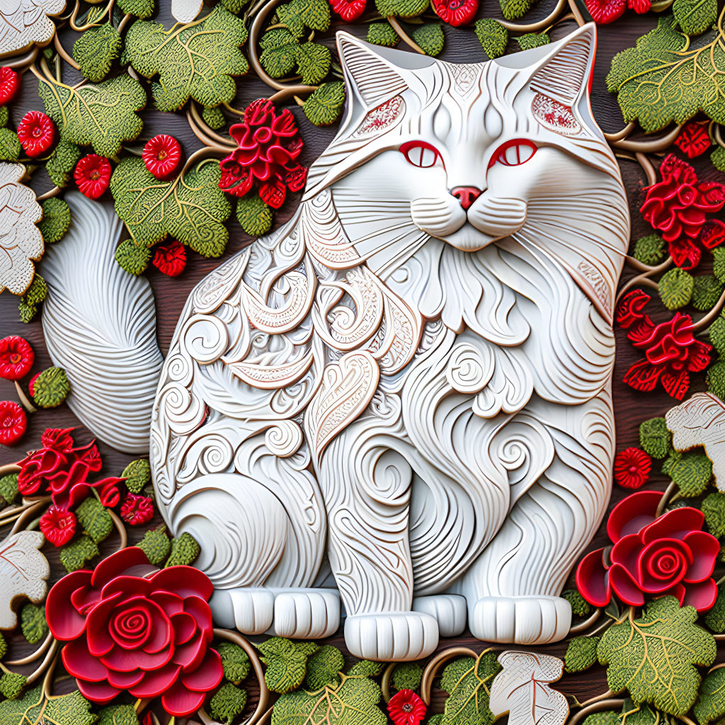 White Cat Artwork with Swirling Patterns and Floral Surroundings