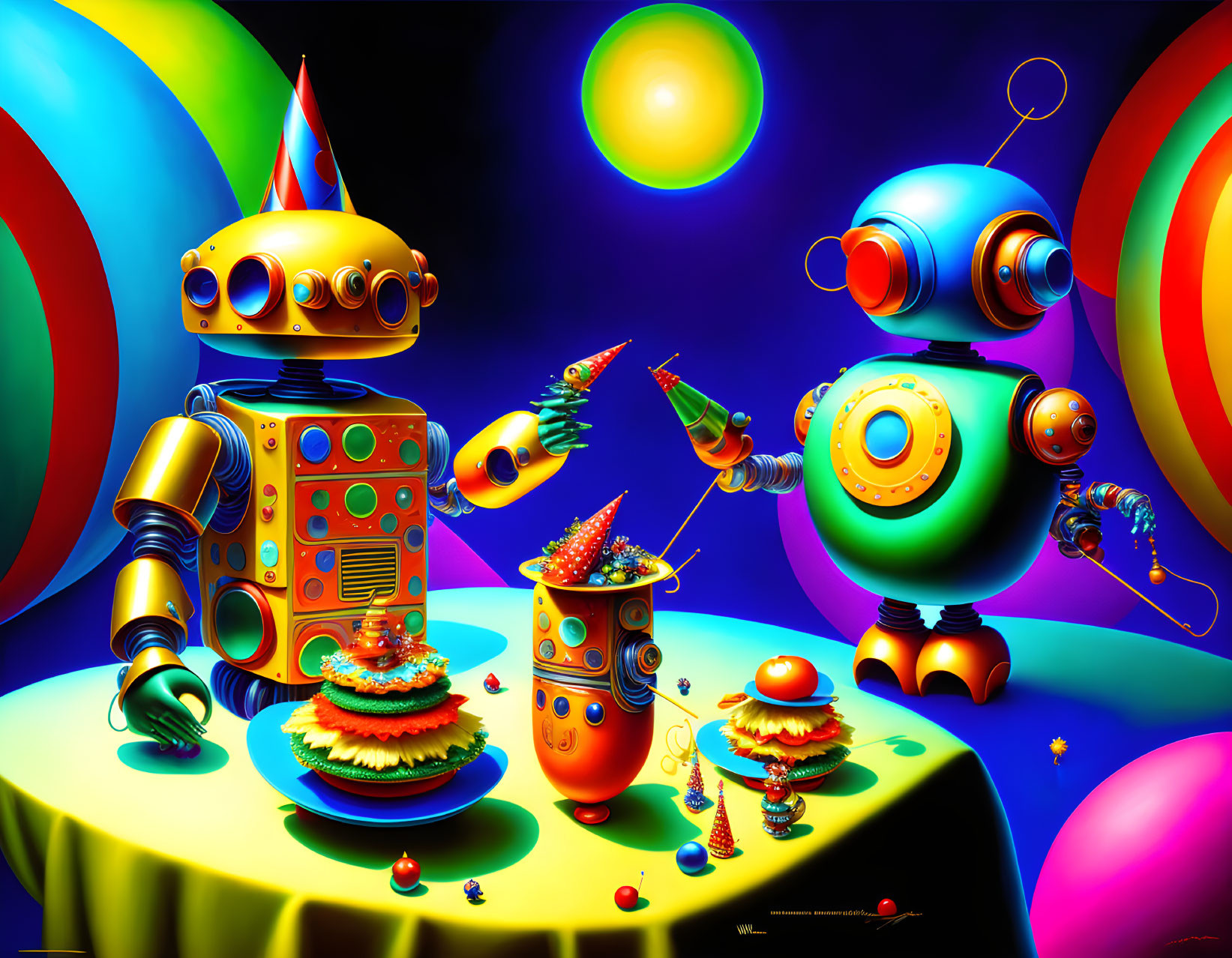 Robots have a party with dancing and food, by Mich
