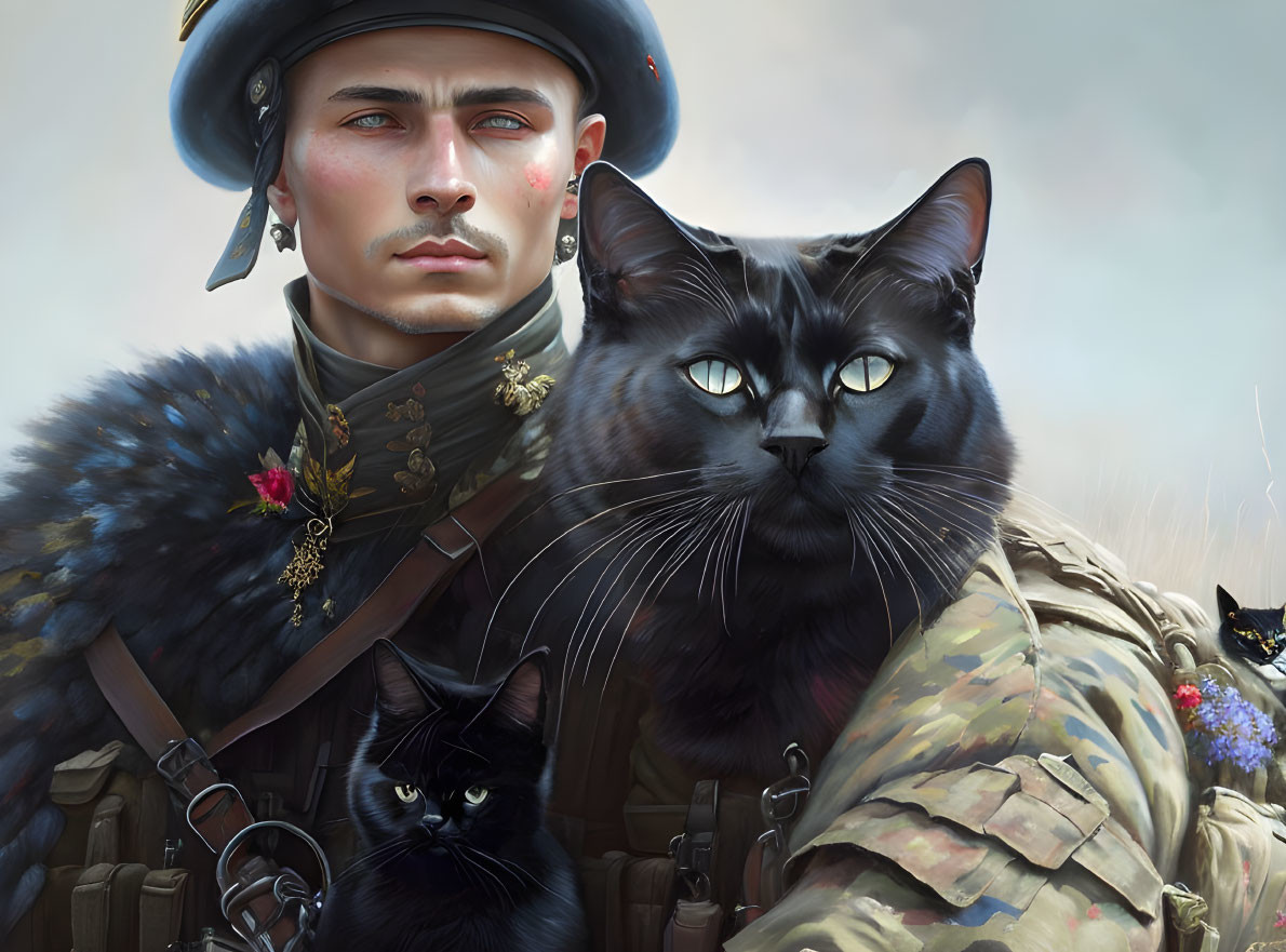 Soldier with Beret and Black Cats in Soft Background