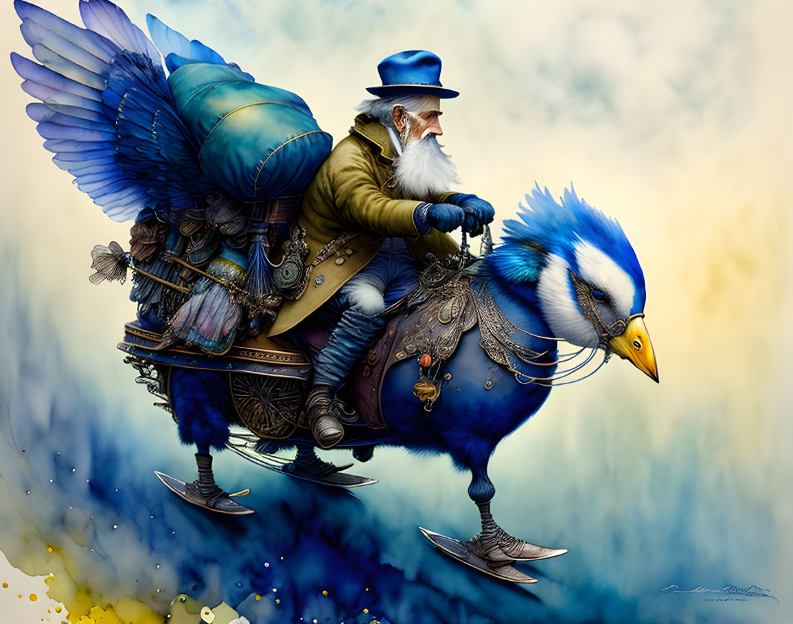 old man riding a blue-yellow goose