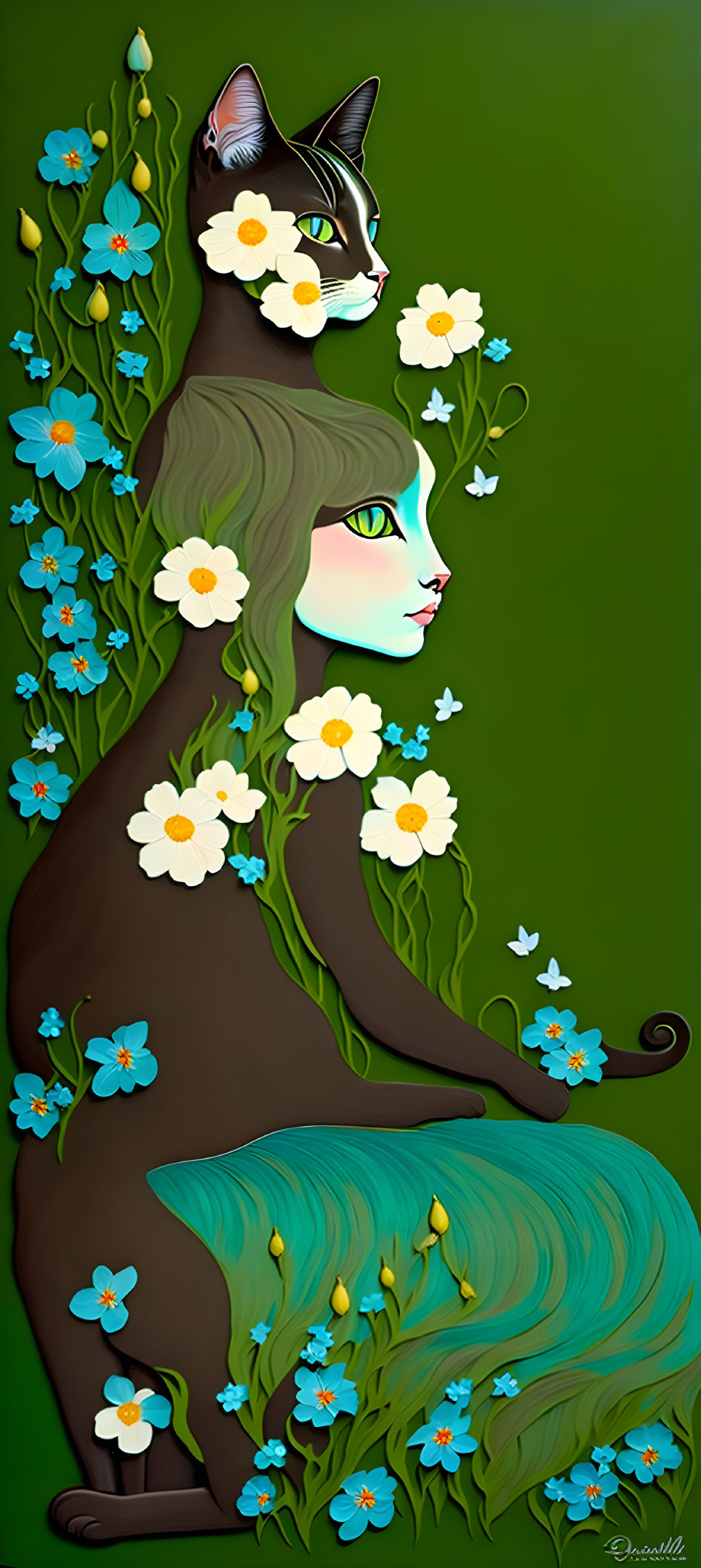 Stylized woman with floral and cat elements on green background