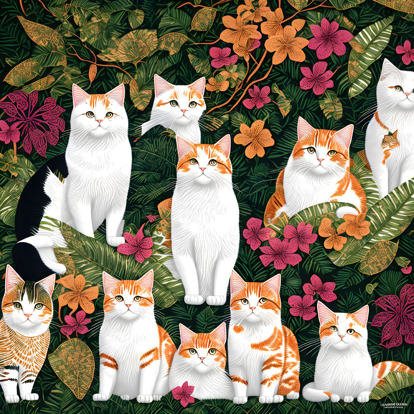 A tropical paradise, cats. Warli art style
