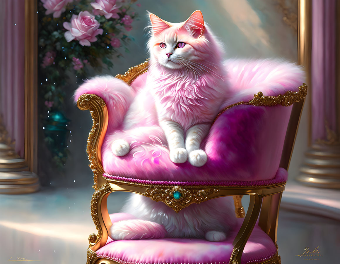 cute fluffy pink cat in brocade chair, wearing tia