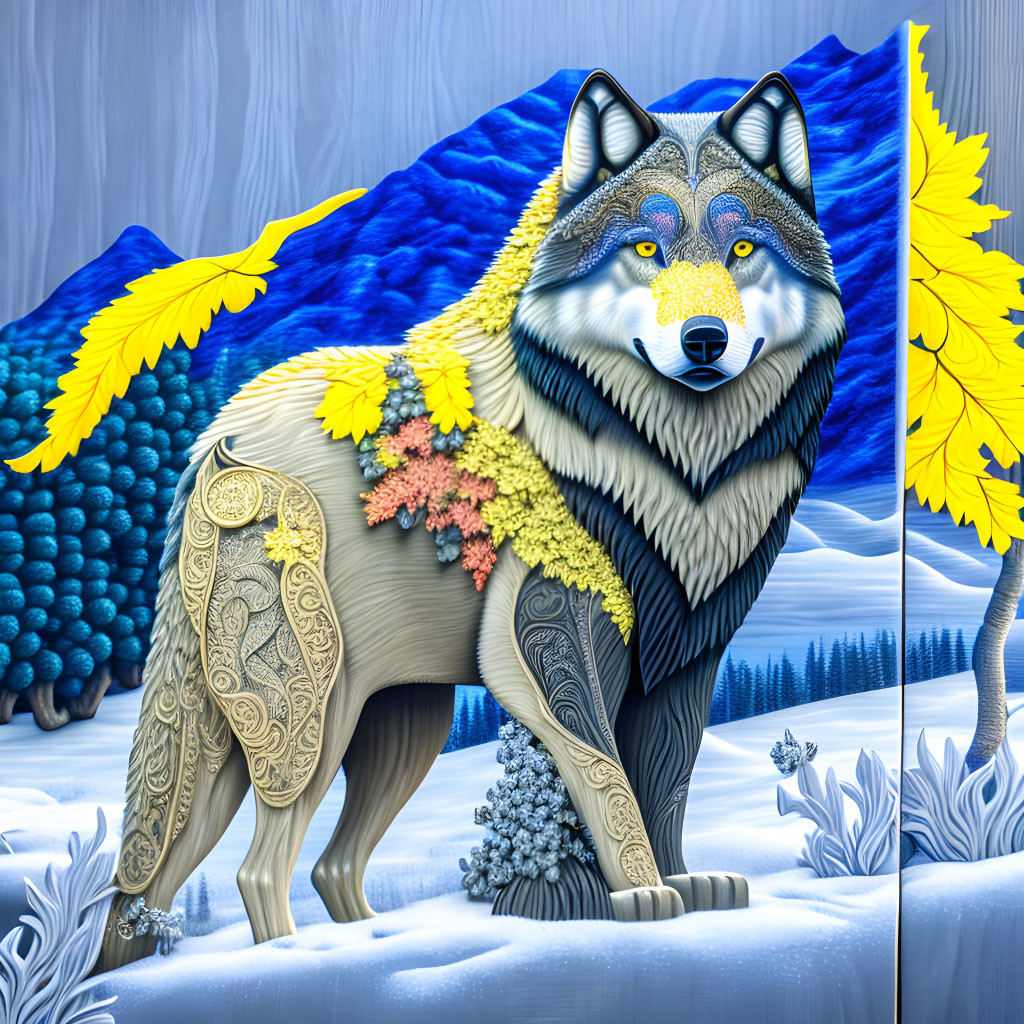 The grey wolf, infinite detail, wood carving with 