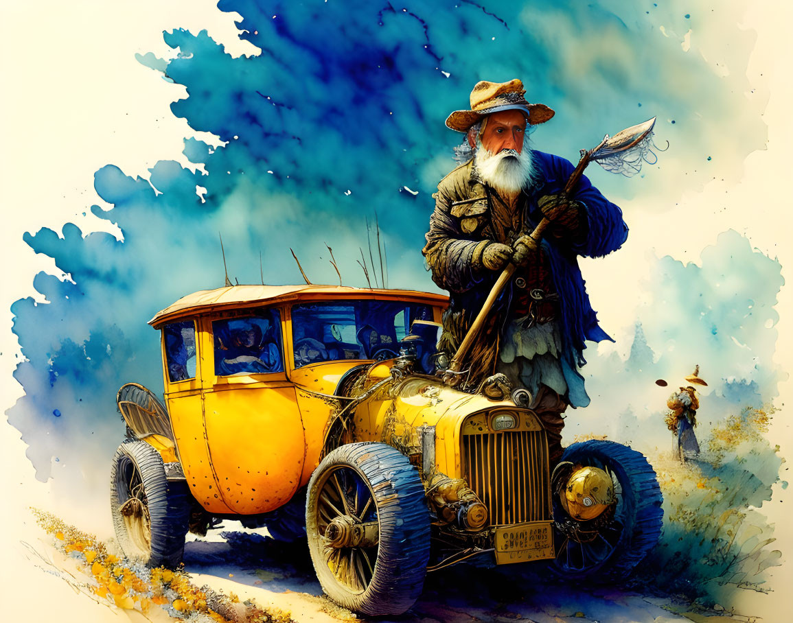Elder adventurer with beard and staff near yellow car on blue splattered background