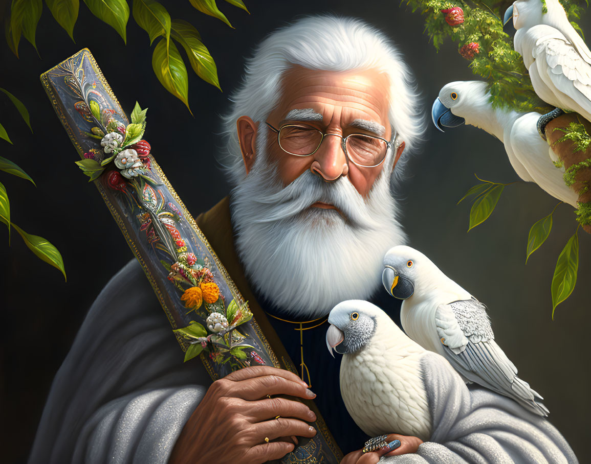 Elderly man with white beard, glasses, staff, leaves, and parrots.