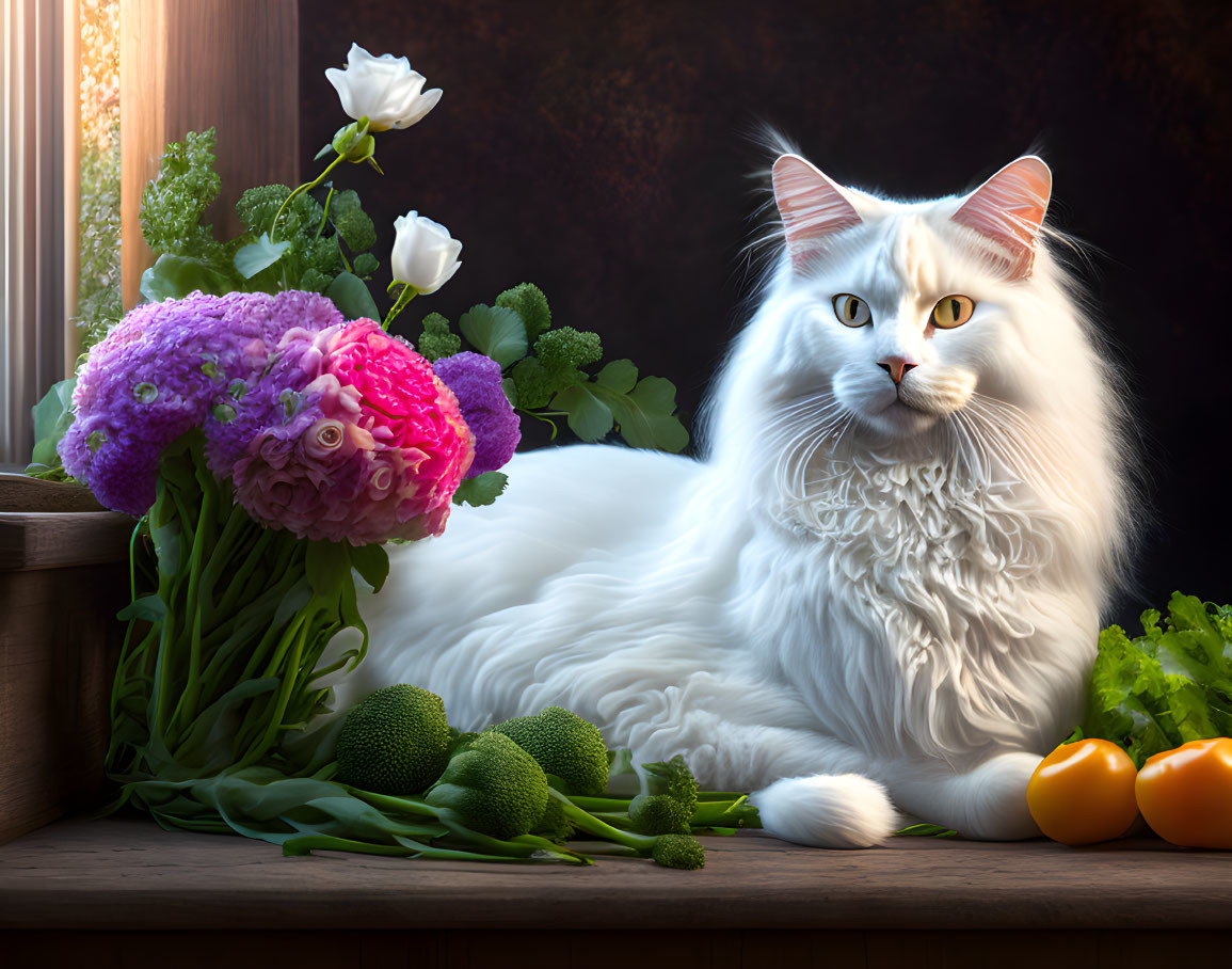 Long-haired white cat sits near a bouquet a realis