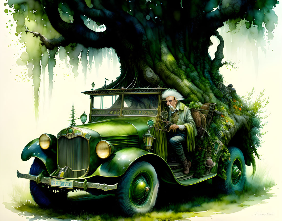 Illustration of old man on overgrown classic car under large tree