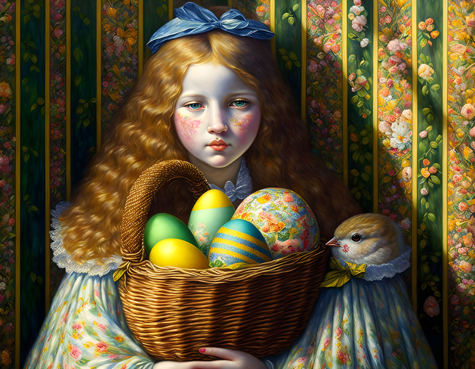 A canary, girl with food baskets and easter eggs, 