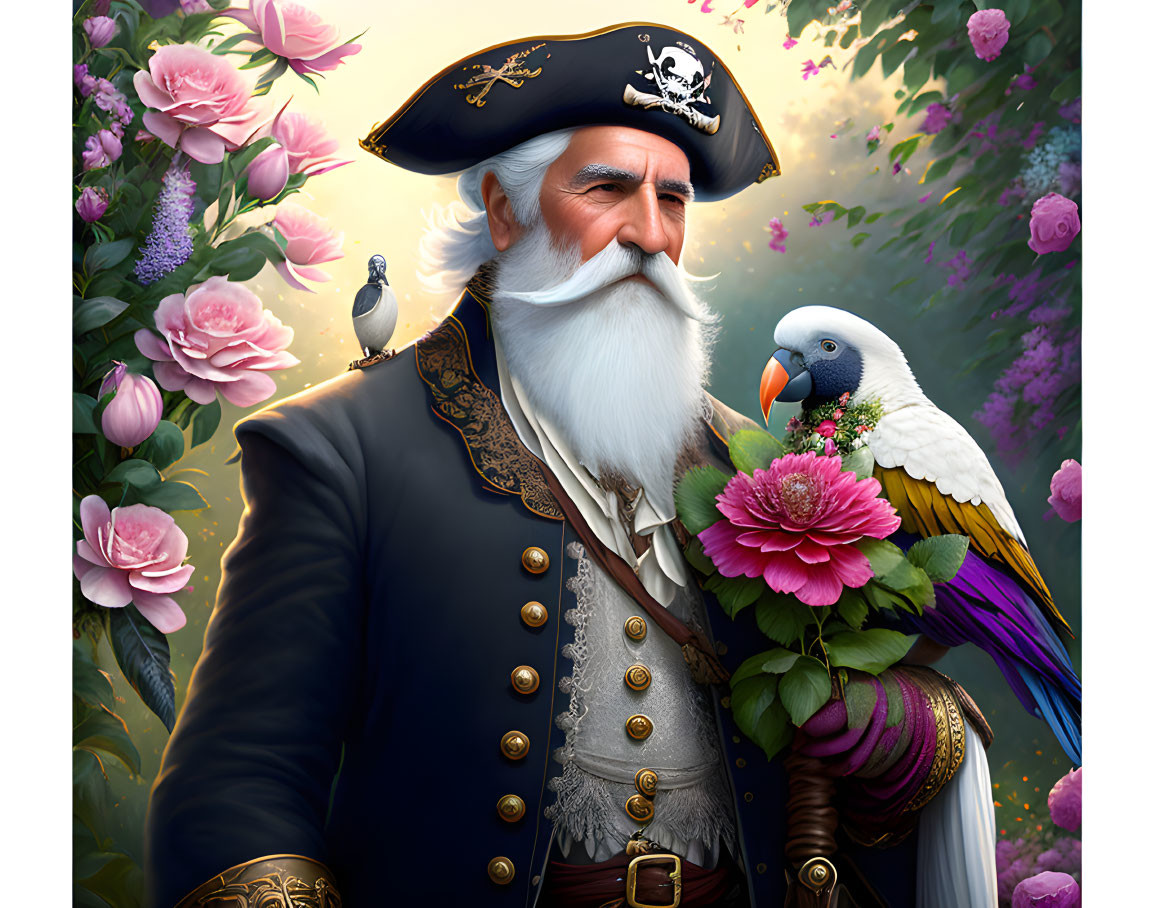 An old pirate with a long gray beard with a white 