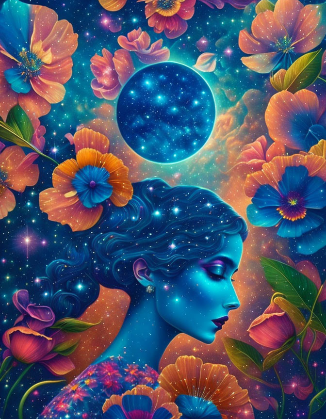 Colorful Woman Illustration with Cosmic Features and Flowers