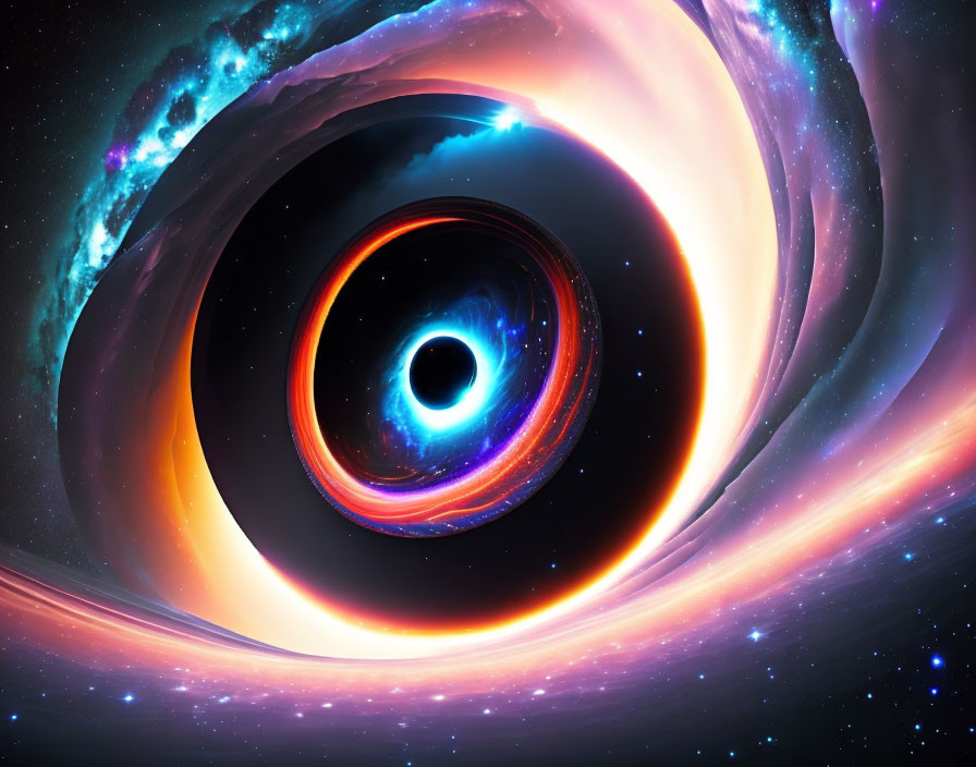 Colorful portrayal of swirling black hole with radiant energy jets against cosmic backdrop