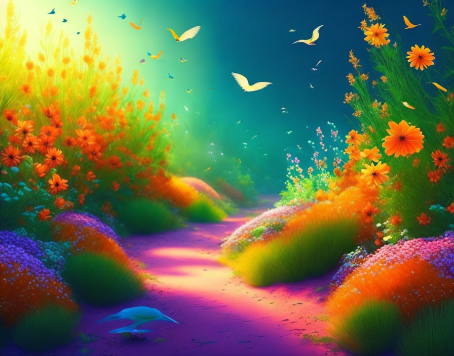 Colorful Path Through Fantastical Forest with Birds and Flowers