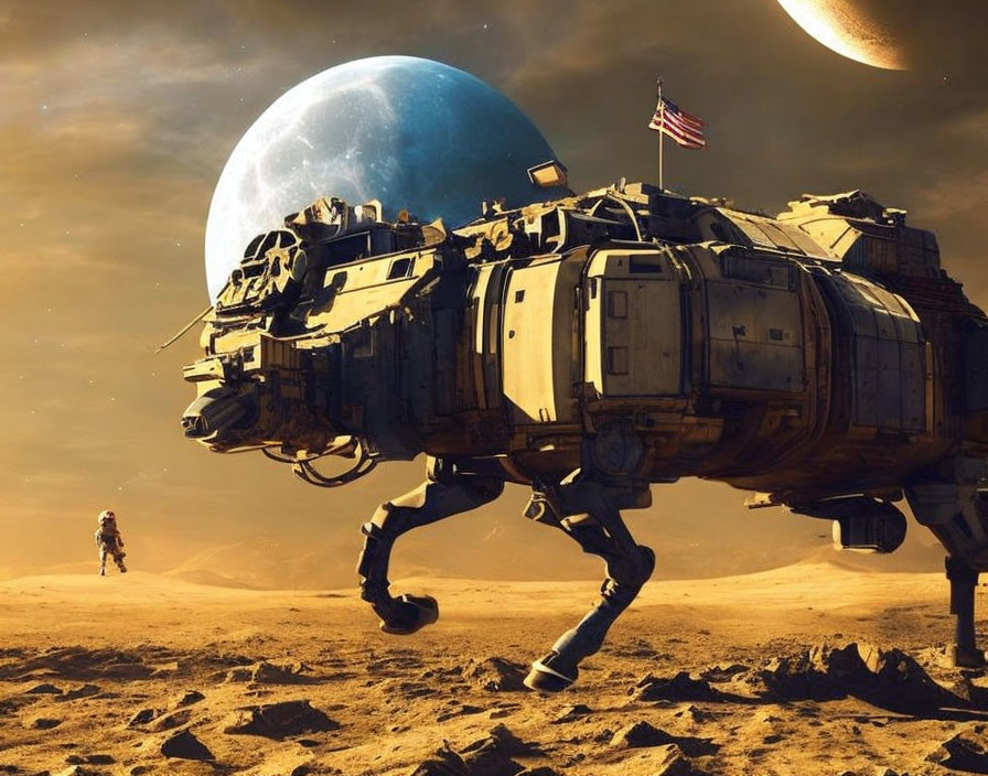 Mechanical walker in alien desert with astronaut, giant moon, and distant planet