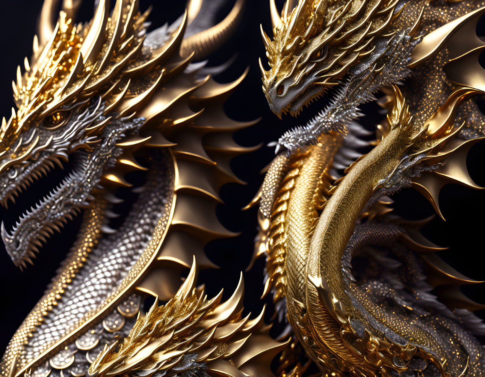 Detailed Image: Two Golden Dragons with Ornate Features