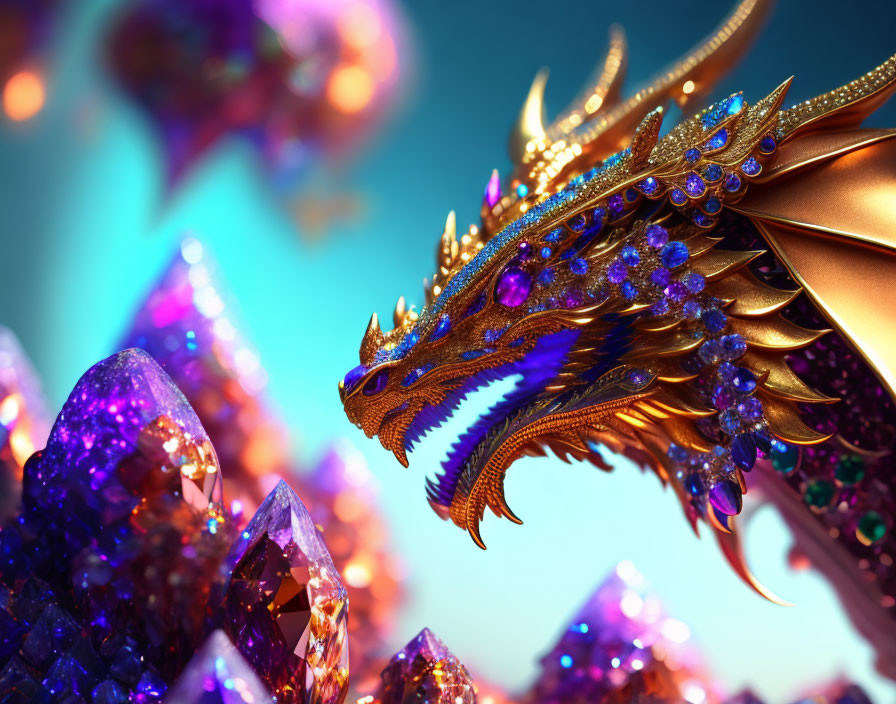 Golden ornate dragon with blue crystal embellishments on vibrant purple crystals against blue backdrop