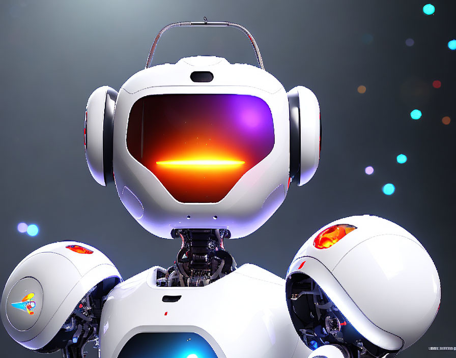 Futuristic white robot with glowing orange visor on bokeh light background