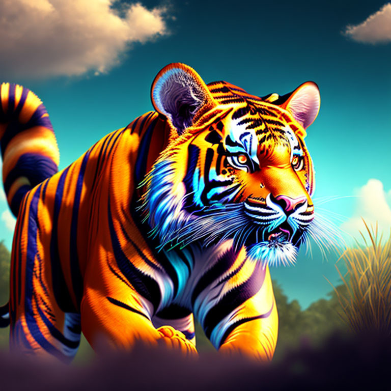 Colorful Tiger Illustration with Orange and Black Stripes on Blue Sky and Greenery