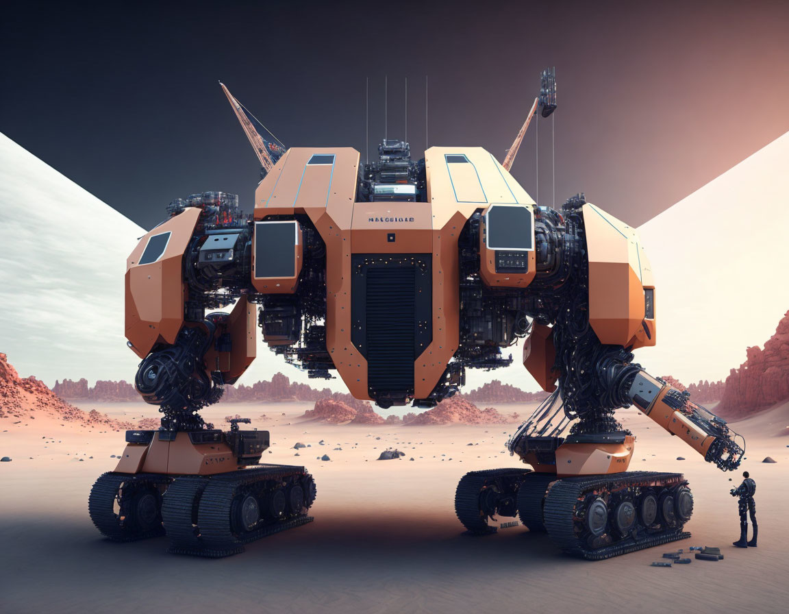 Futuristic orange and black rover with mechanical legs and robotic arm on desert terrain