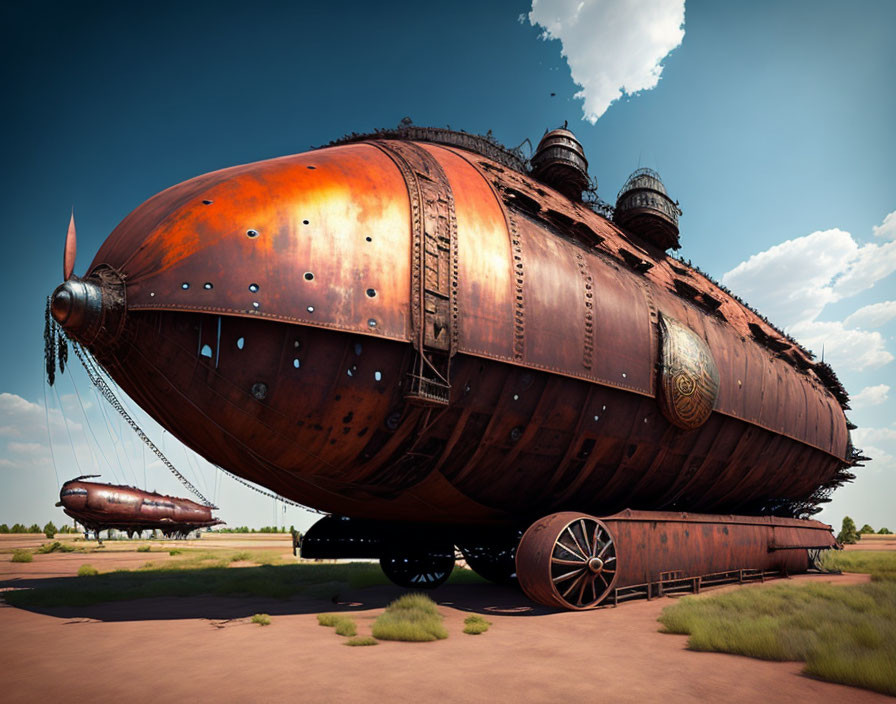 Rusted steampunk-style airship with round cabins on hull in vast plain