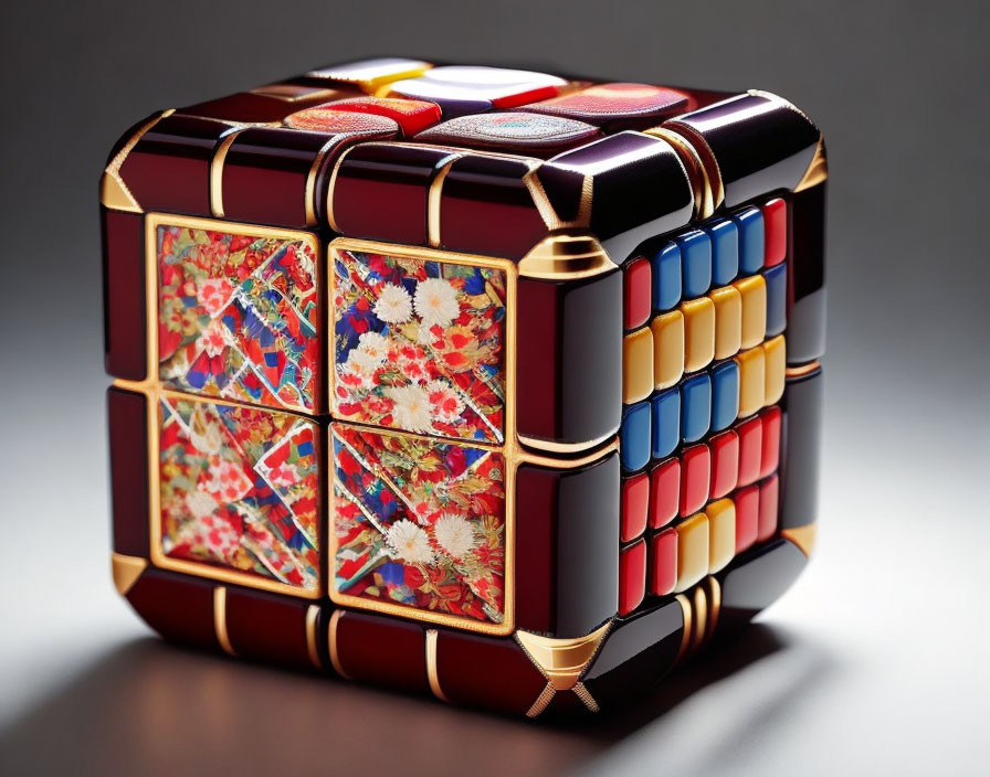 Traditional Floral Patterned Rubik's Cube with Gold Accents on Grey Background