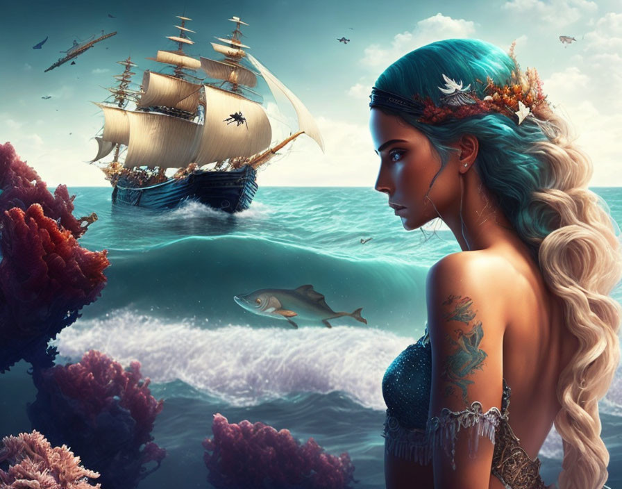 Digital artwork: Woman with blue hair and sea-themed crown gazing at sailing ship on ocean waves intertw