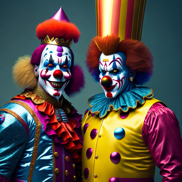 Colorful Clowns in Vibrant Costumes on Blue Background