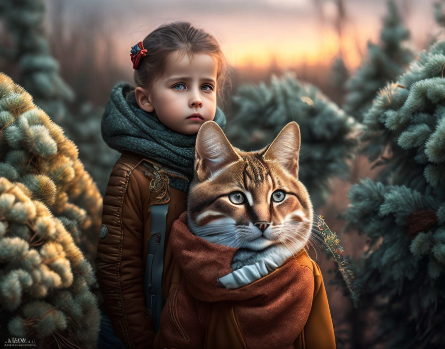 Child in winter clothes holding large cat with evergreen bushes.