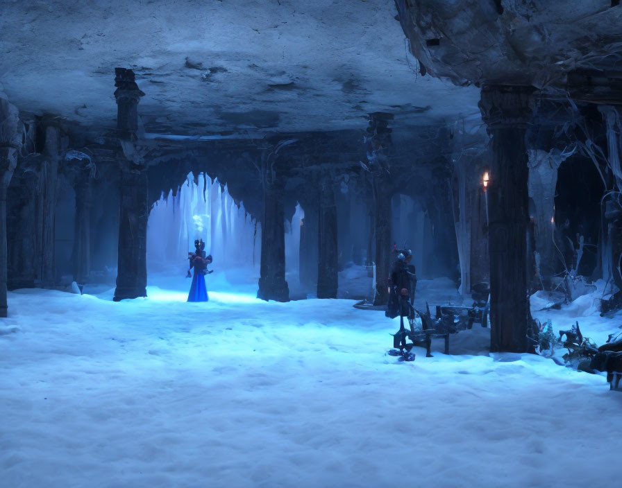 Snow-covered underground chamber with blue lighting and robotic figure