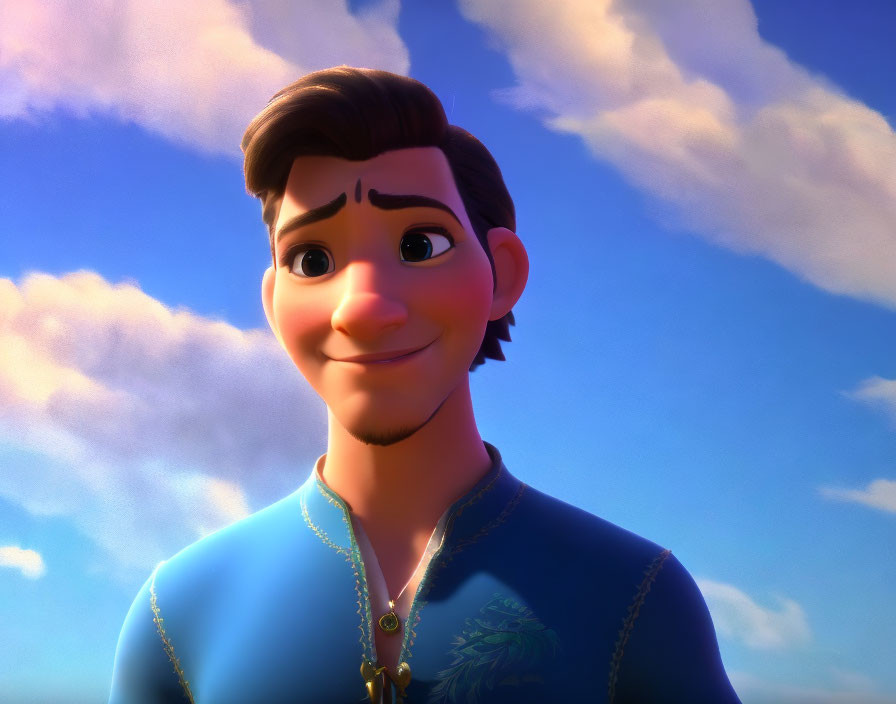 Male animated character in blue shirt with tropical emblem and necklace against cloudy sky