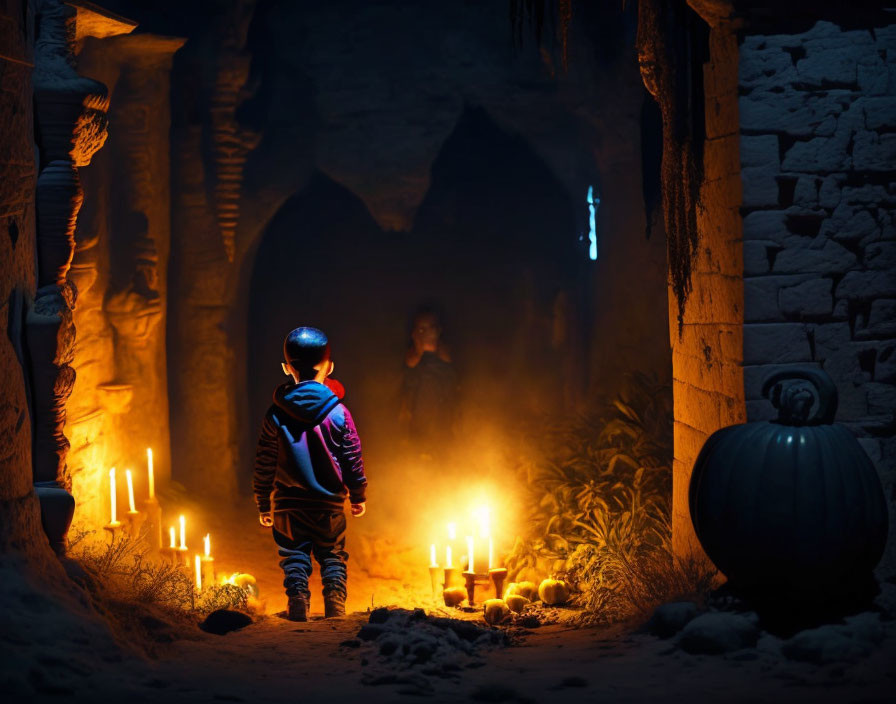 Child in helmet standing before candlelit archway with shadowy figure creates Halloween-like scene