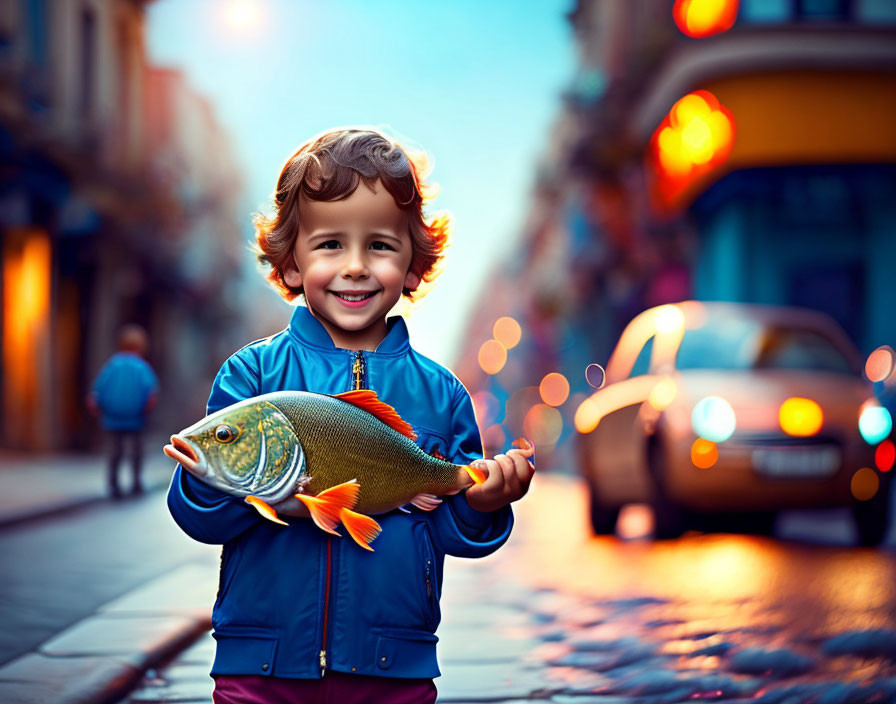 Young child proudly holds large fish on city street with warm lights