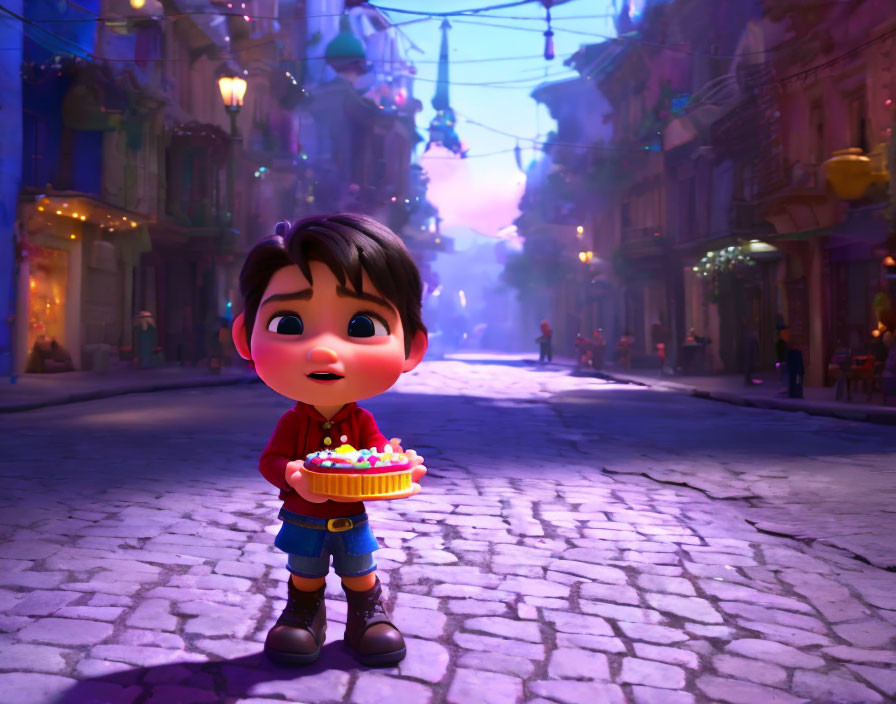 Colorful birthday cake held by animated boy on festive, lantern-lit street