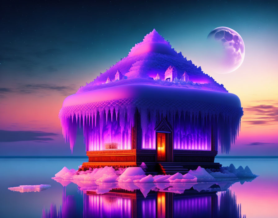 Surreal illuminated snow-covered house on serene waters at night