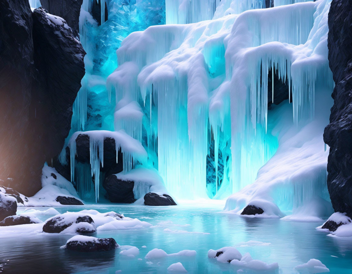 Frozen Waterfall Surrounded by Dark Cliffs and Icy Pool