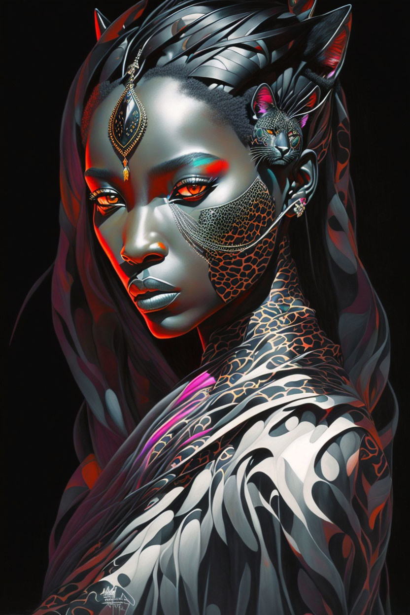 Detailed illustration of woman with black feline features and red eyes, adorned with elaborate face paint and a