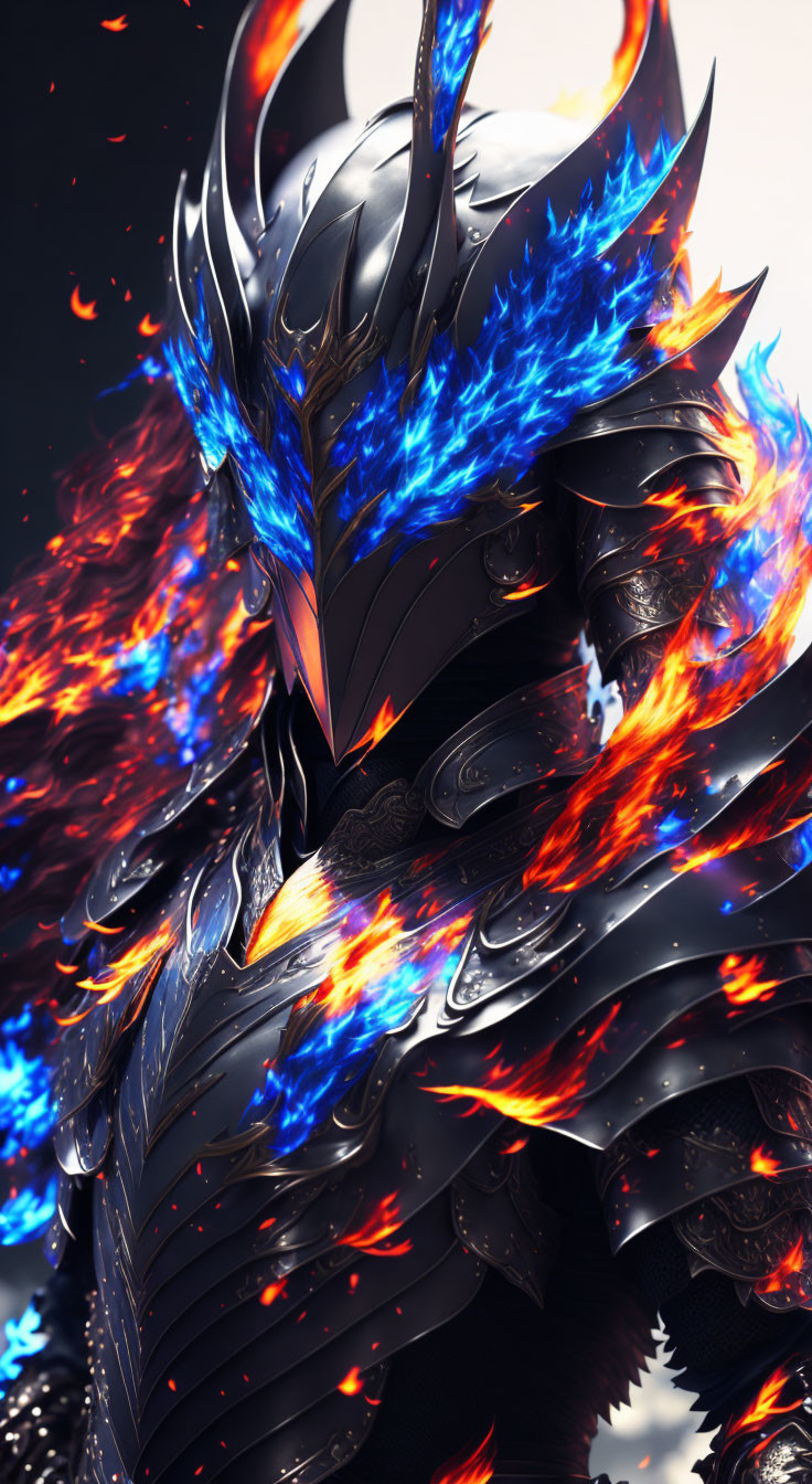 Mystical black armor with blue and orange flames