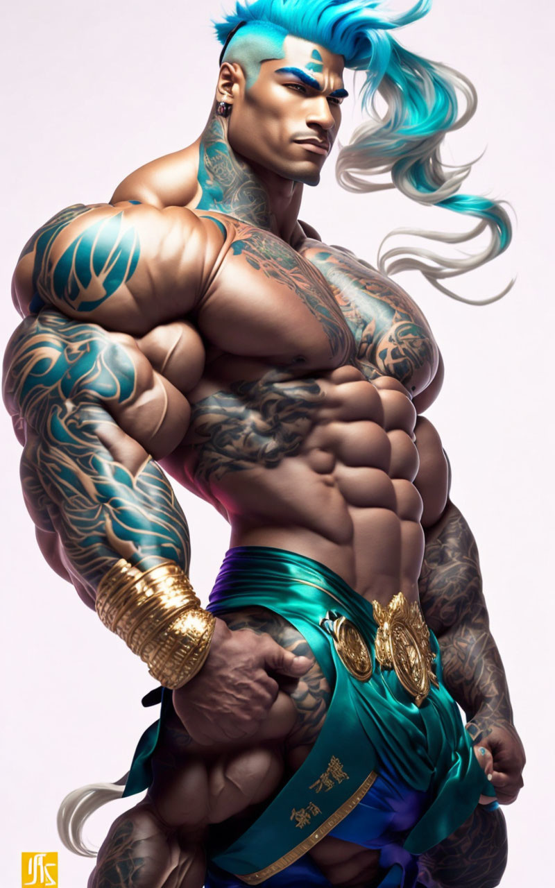 Animated character with turquoise hair and tattoos in golden accessories.