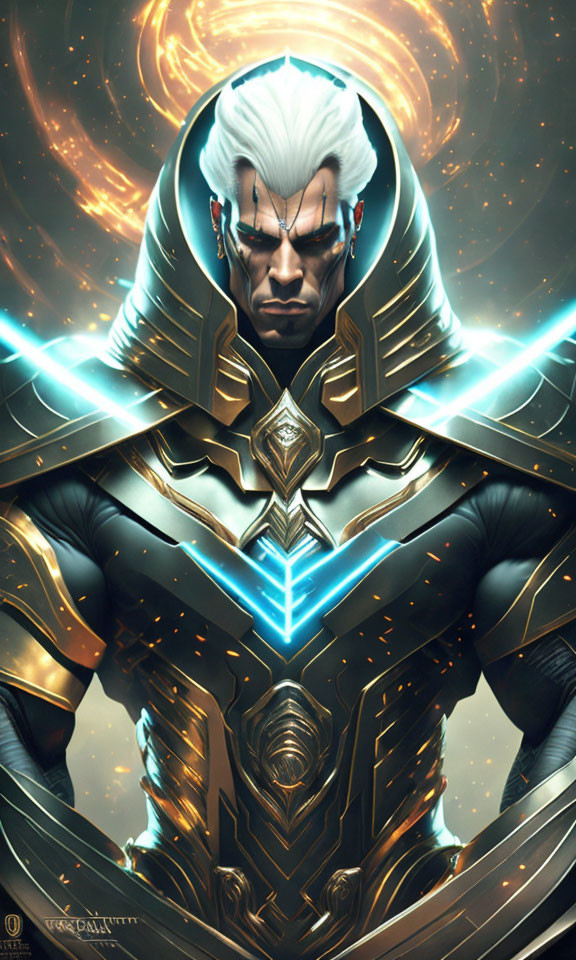 Futuristic warrior with white hair and glowing blue armor