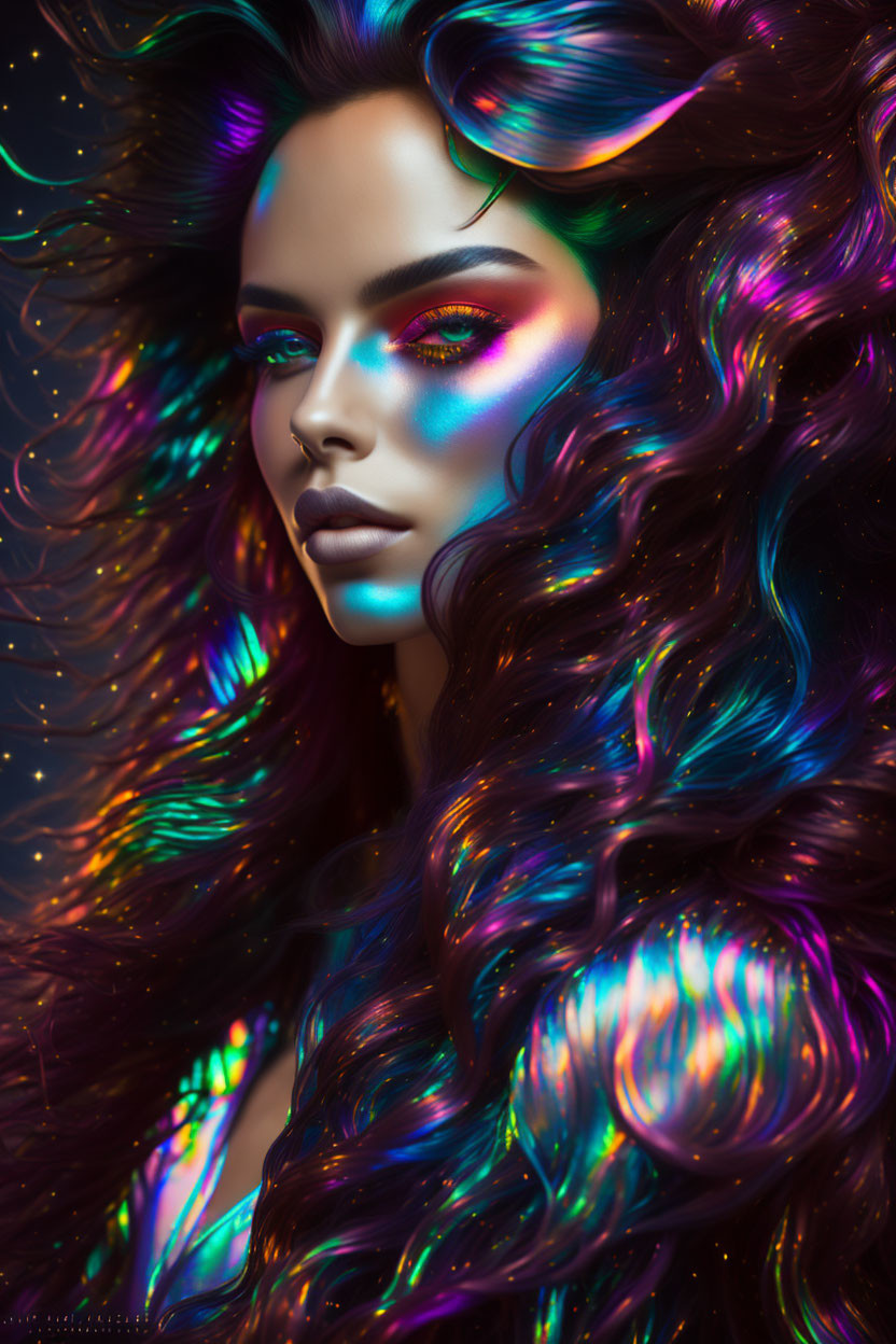 Vibrant woman with iridescent hair and rainbow makeup in digital art