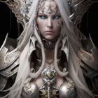 Fantasy female figure with white hair, blue eyes, silver armor & gemstones