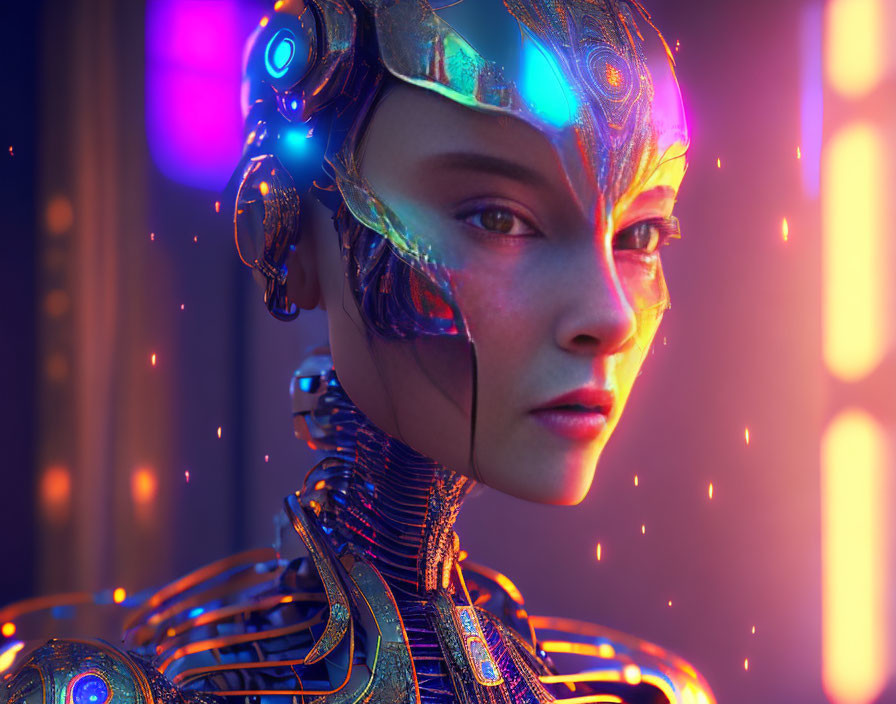 Futuristic female android with intricate headgear and glowing blue features in neon-lit backdrop