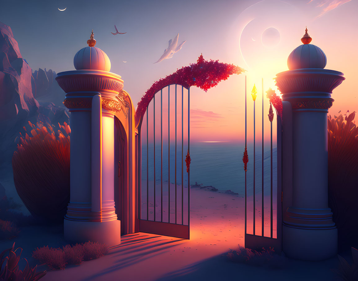 Ornate gate and pillars by serene beach at sunset