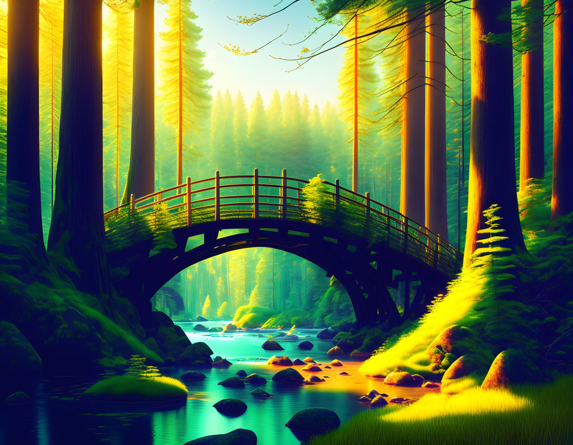 Enchanting forest scene with wooden bridge and serene stream