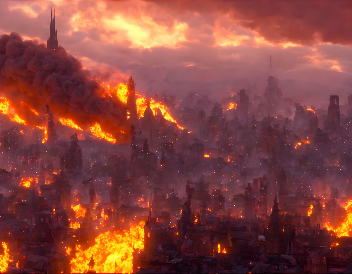 Dramatic city engulfed in flames against fiery sky