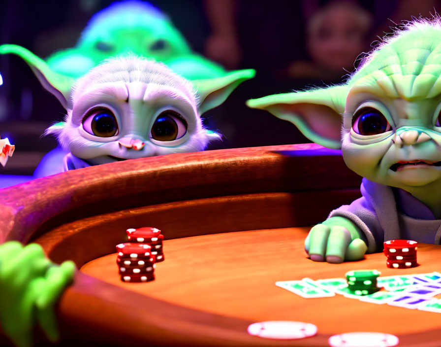 Vibrant Poker Game with Animated Yoda-like Characters