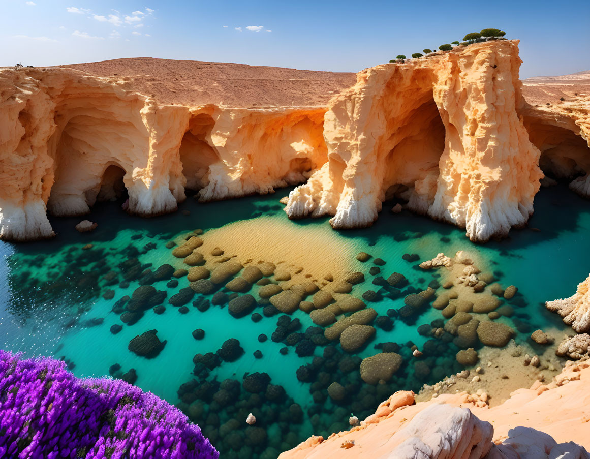 Majestic oasis with turquoise waters, orange cliffs, green foliage, and purple flowers