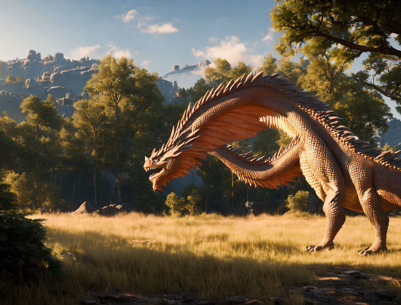 Orange Dragon in Sunlit Forest Clearing with Glinting Scales