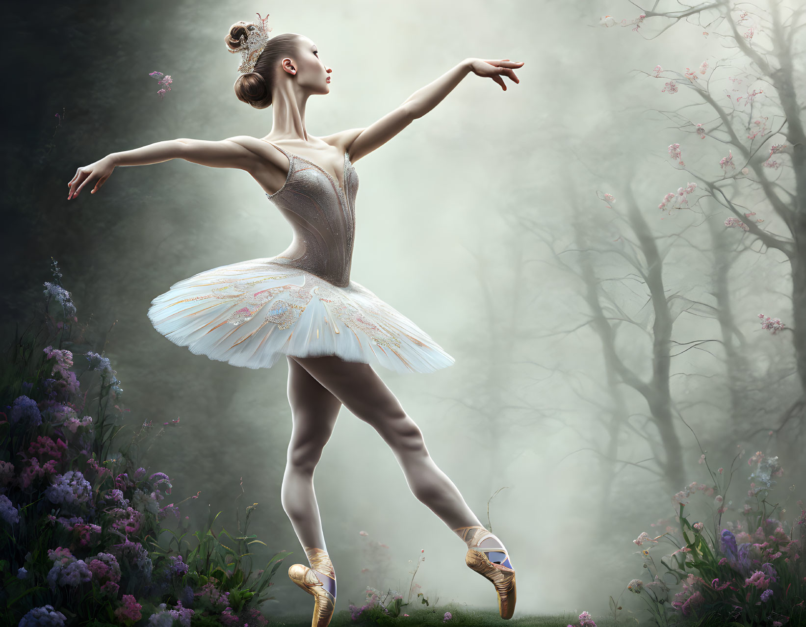 Ballerina in Sparkling Tutu and Pointe Shoes Amid Misty Flower Setting