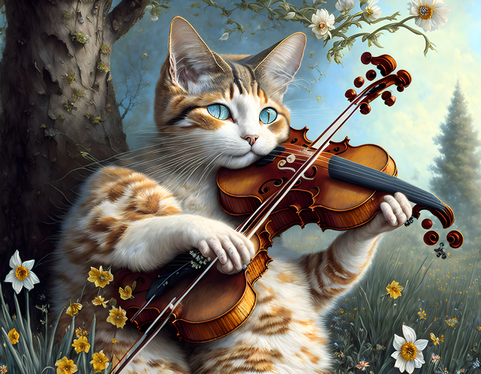 Daffodils cat playing violin. extreme details, ful